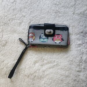 Owl Patterned Wristlet with Strap - Black and Gray